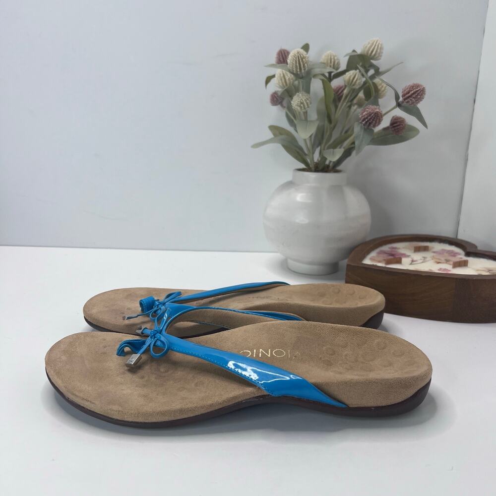 Vionic Bella Bow Patent Leather Flip Flops Slide Sandals Blue Women 10 Medium